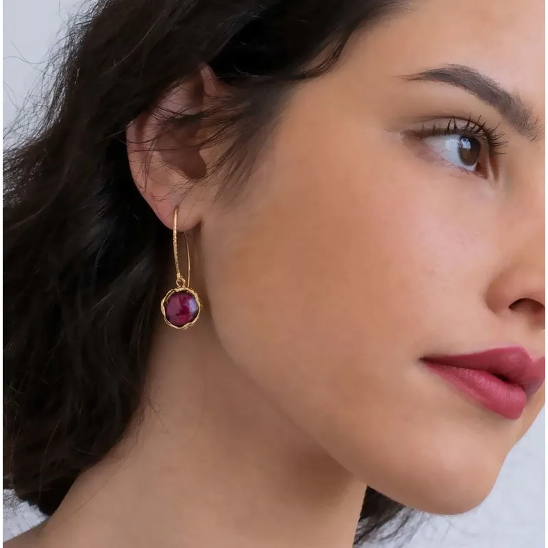 Gold Plated Round Garnet 12mm Dangle Earrings