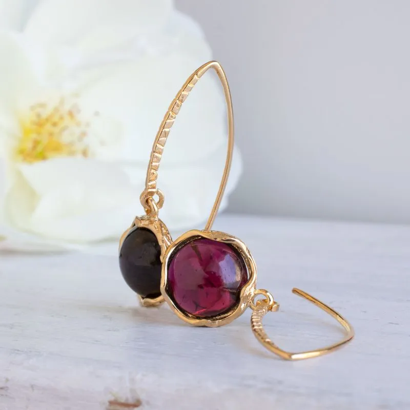 Gold Plated Round Garnet 12mm Dangle Earrings