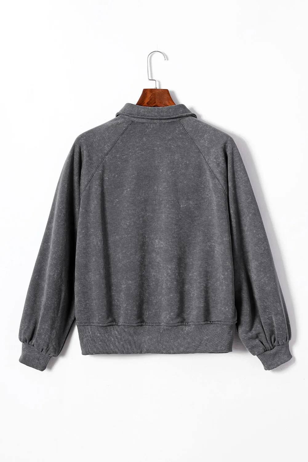 Gray Washed Snap Buttons Lantern Sleeve Pullover Sweatshirt