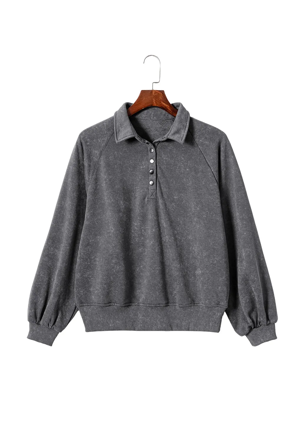 Gray Washed Snap Buttons Lantern Sleeve Pullover Sweatshirt