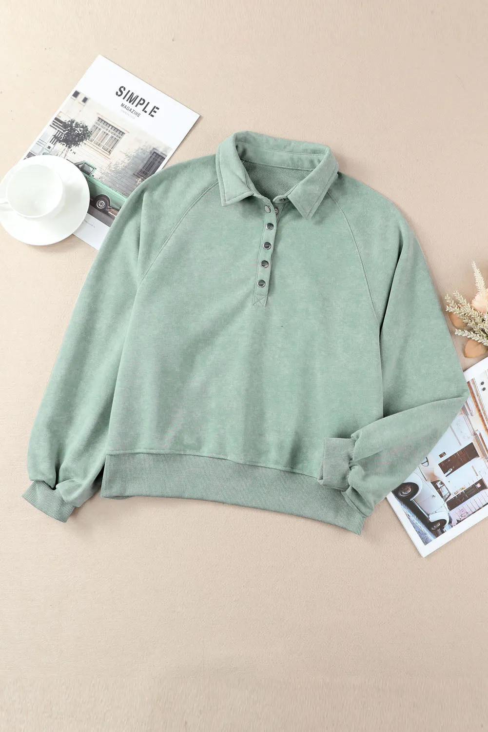 Green-2 Washed Snap Buttons Lantern Sleeve Pullover Sweatshirt