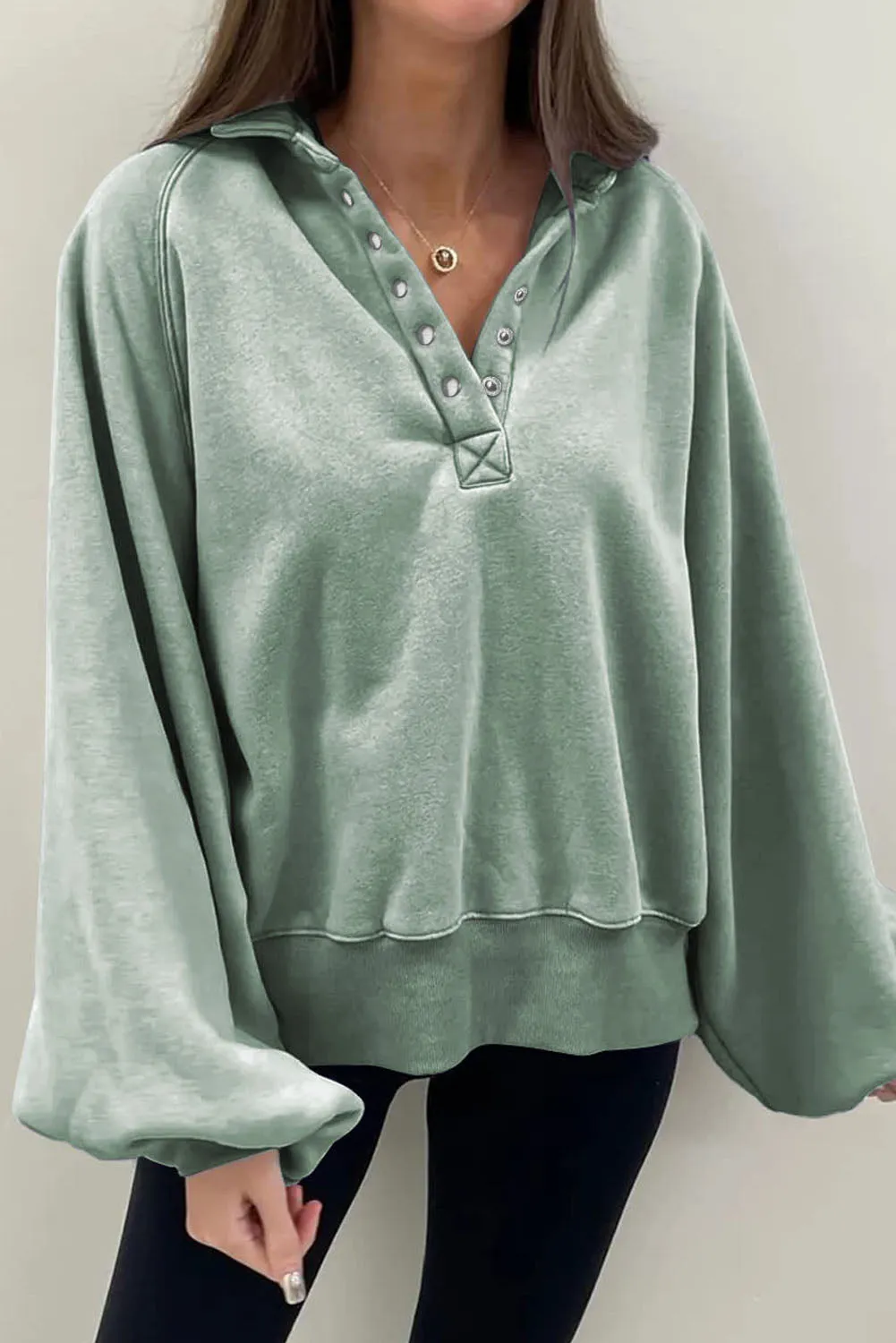 Green-2 Washed Snap Buttons Lantern Sleeve Pullover Sweatshirt