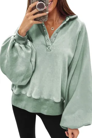Green-2 Washed Snap Buttons Lantern Sleeve Pullover Sweatshirt