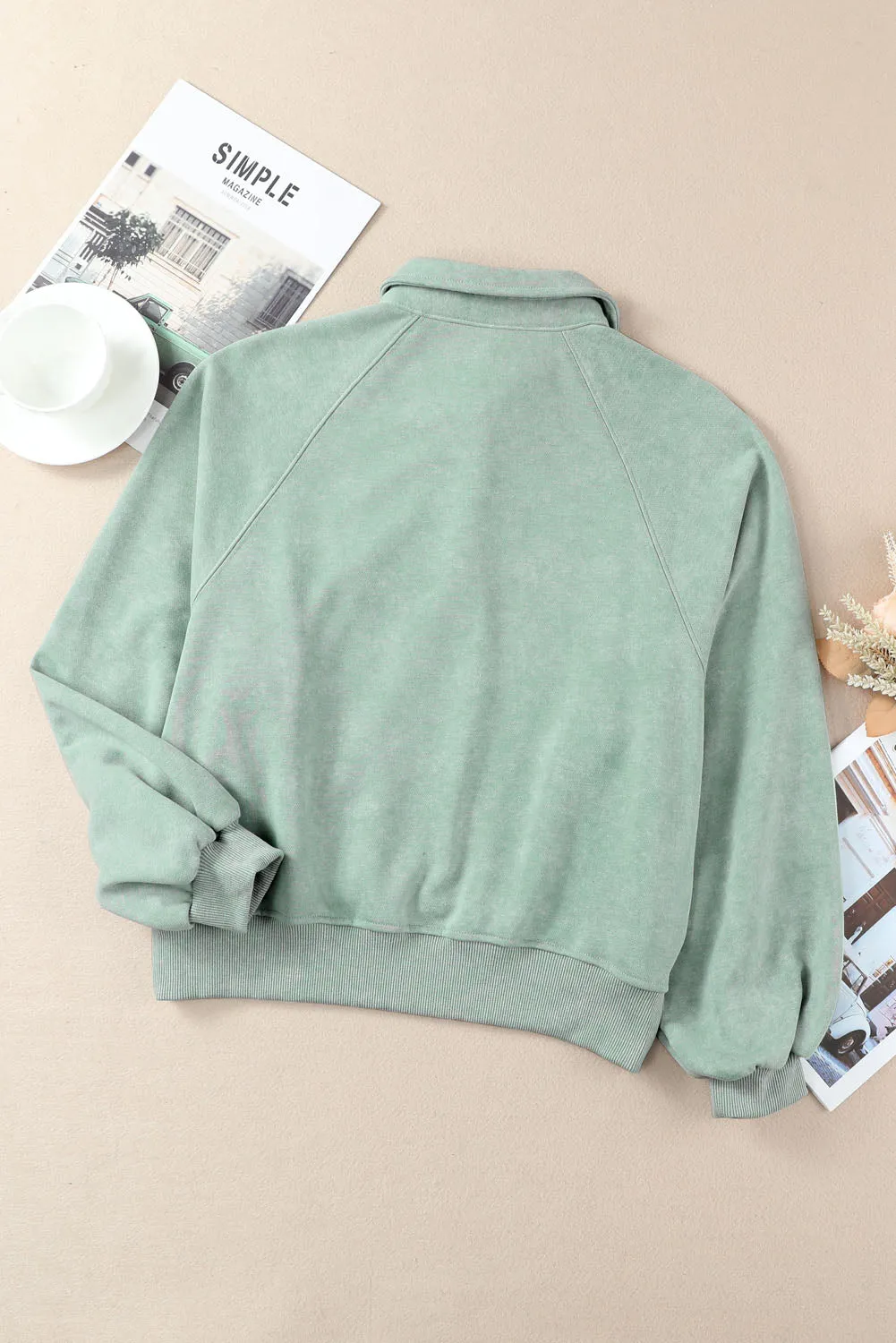 Green-2 Washed Snap Buttons Lantern Sleeve Pullover Sweatshirt