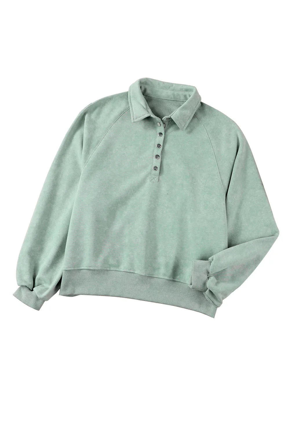 Green-2 Washed Snap Buttons Lantern Sleeve Pullover Sweatshirt