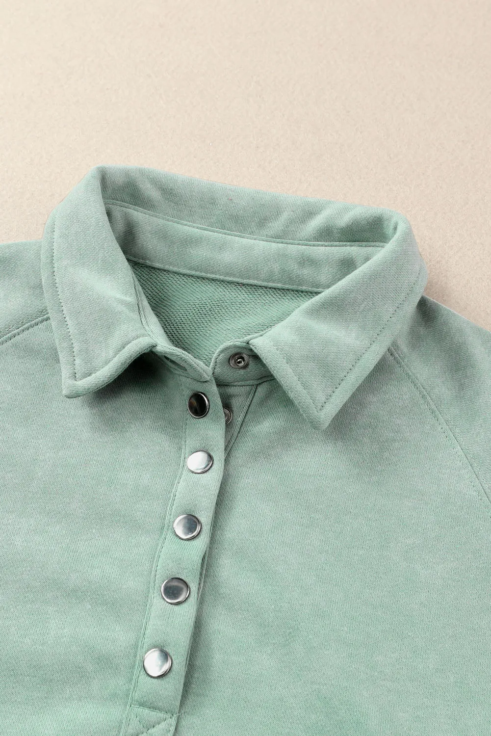 Green-2 Washed Snap Buttons Lantern Sleeve Pullover Sweatshirt