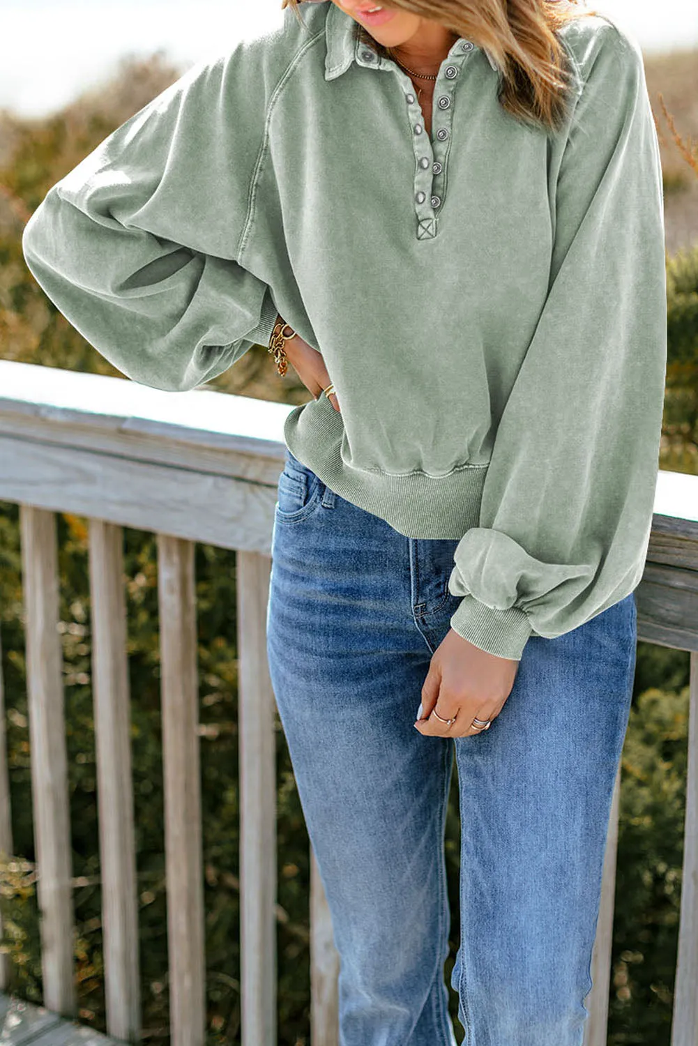Green-2 Washed Snap Buttons Lantern Sleeve Pullover Sweatshirt