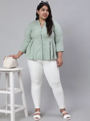 Green Plus Size Woven Printed Pleated Top