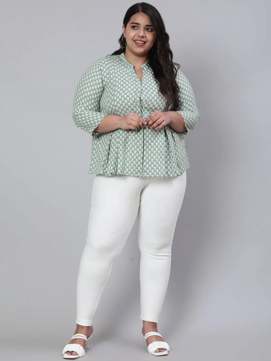 Green Plus Size Woven Printed Pleated Top