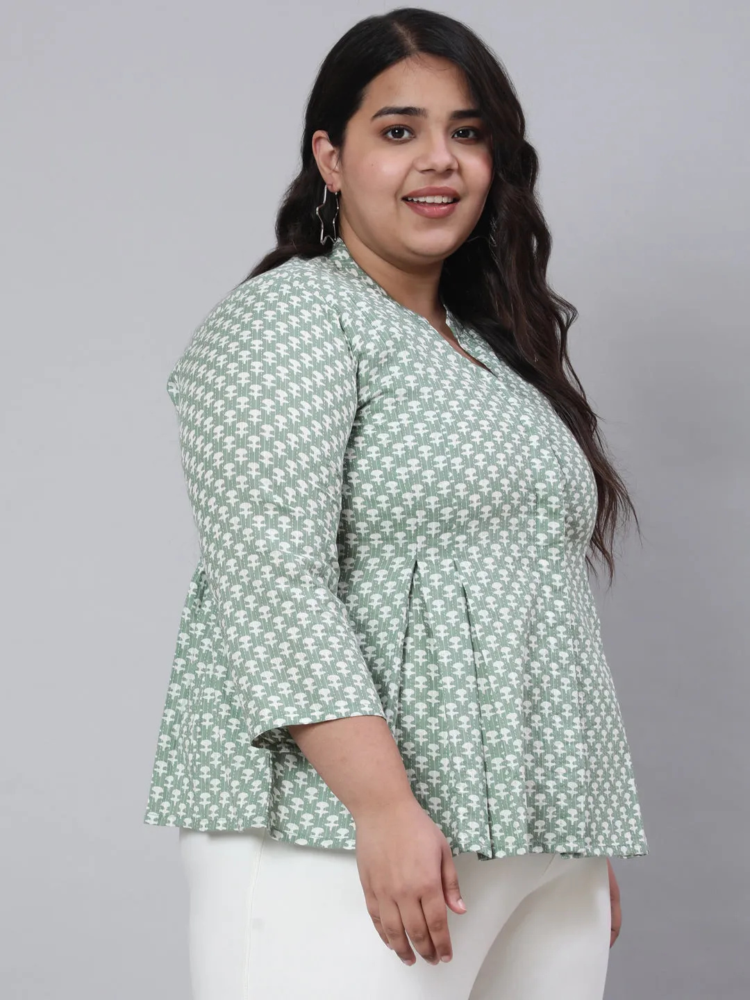 Green Plus Size Woven Printed Pleated Top