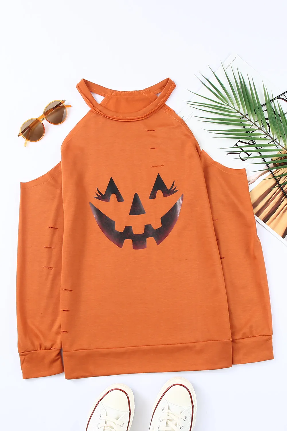 Halloween Graphic Cold-Shoulder Distressed Sweatshirt