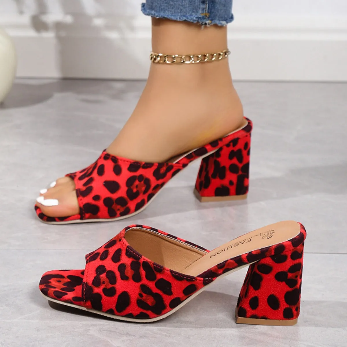 Hazel Blues® |  Leopard Block Heel Suede Sandals