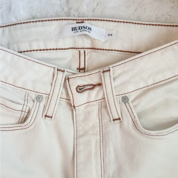 Hudson Holly High Rise Flare Distressed Hem Jeans in Ecru