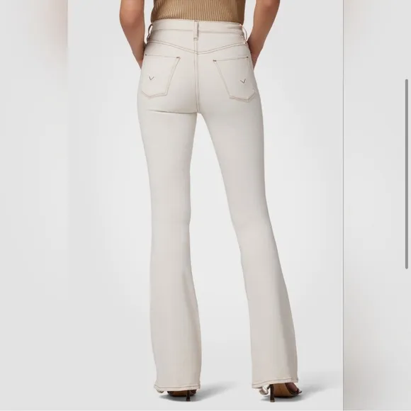 Hudson Holly High Rise Flare Distressed Hem Jeans in Ecru