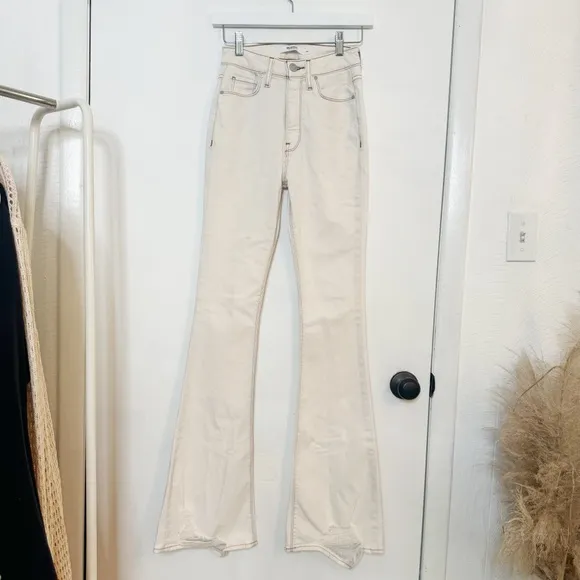 Hudson Holly High Rise Flare Distressed Hem Jeans in Ecru