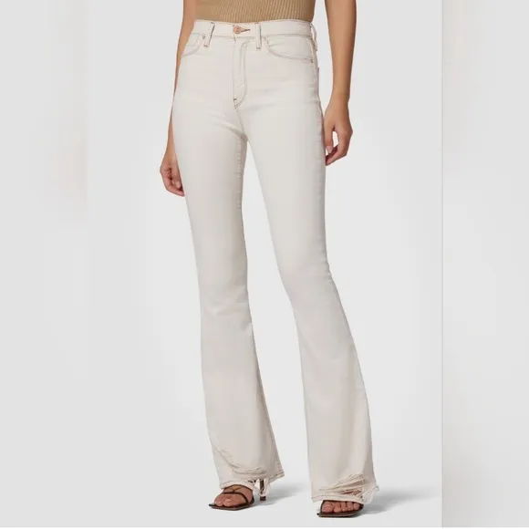 Hudson Holly High Rise Flare Distressed Hem Jeans in Ecru