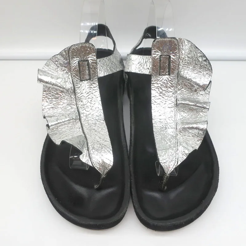 Isabel Marant Leakey Ruffle Sandals Silver Metallic Leather Size 41
