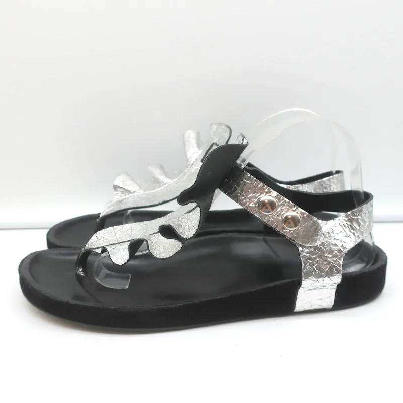 Isabel Marant Leakey Ruffle Sandals Silver Metallic Leather Size 41
