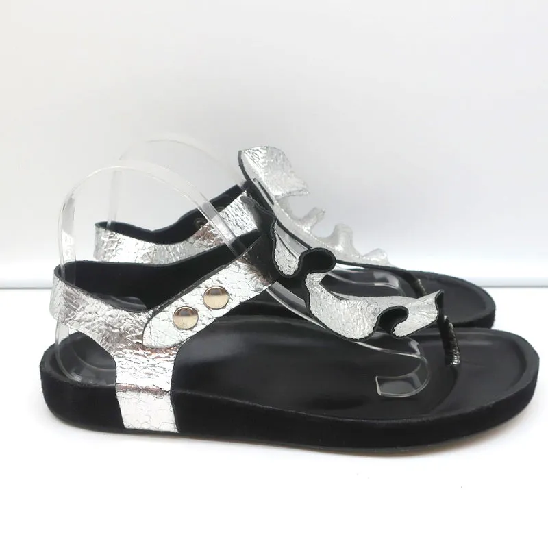 Isabel Marant Leakey Ruffle Sandals Silver Metallic Leather Size 41