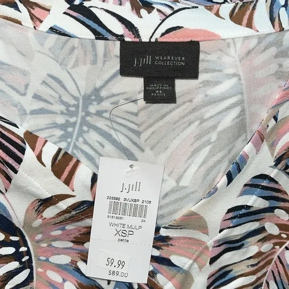 J. Jill Wearever Summer V-Neck A-line Mini Dress Pink Monstera size XS Petite