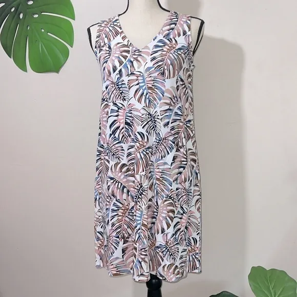 J. Jill Wearever Summer V-Neck A-line Mini Dress Pink Monstera size XS Petite