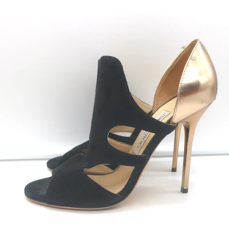 Jimmy Choo Tarine Cutout Sandals Black Suede & Gold Metallic Leather Size 37.5