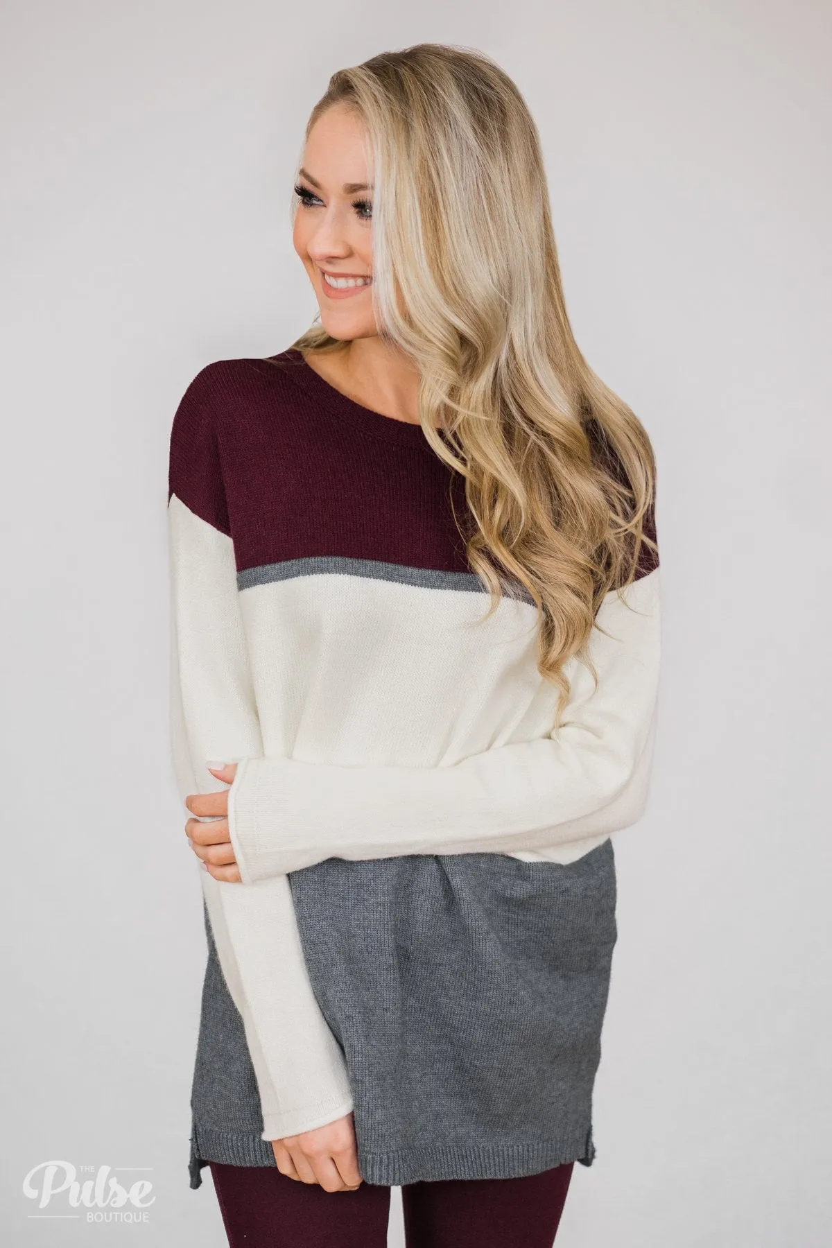 Keeping It Cozy Color Block Sweater- Eggplant, Ivory, Grey
