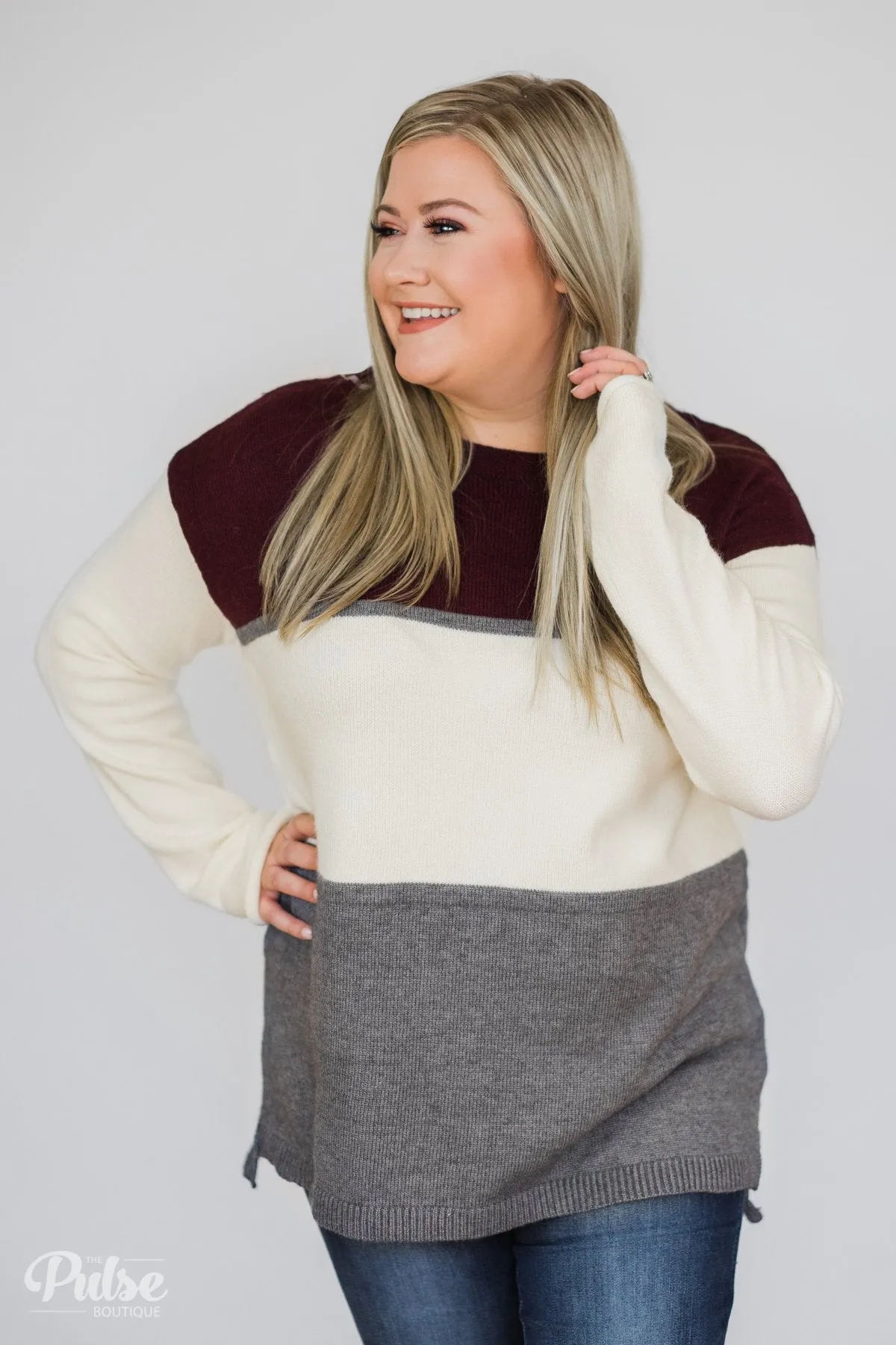 Keeping It Cozy Color Block Sweater- Eggplant, Ivory, Grey