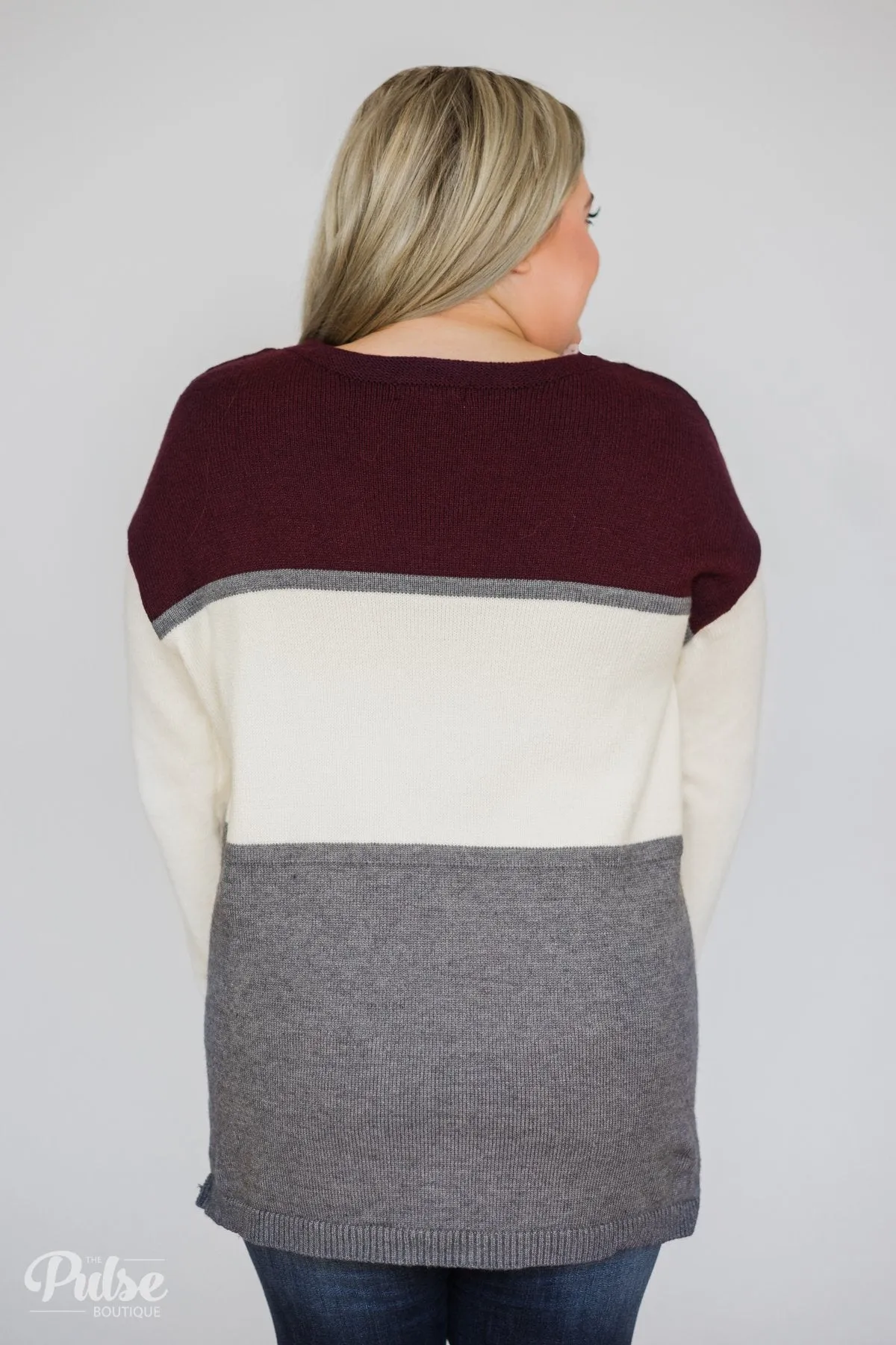 Keeping It Cozy Color Block Sweater- Eggplant, Ivory, Grey
