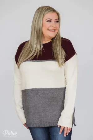 Keeping It Cozy Color Block Sweater- Eggplant, Ivory, Grey