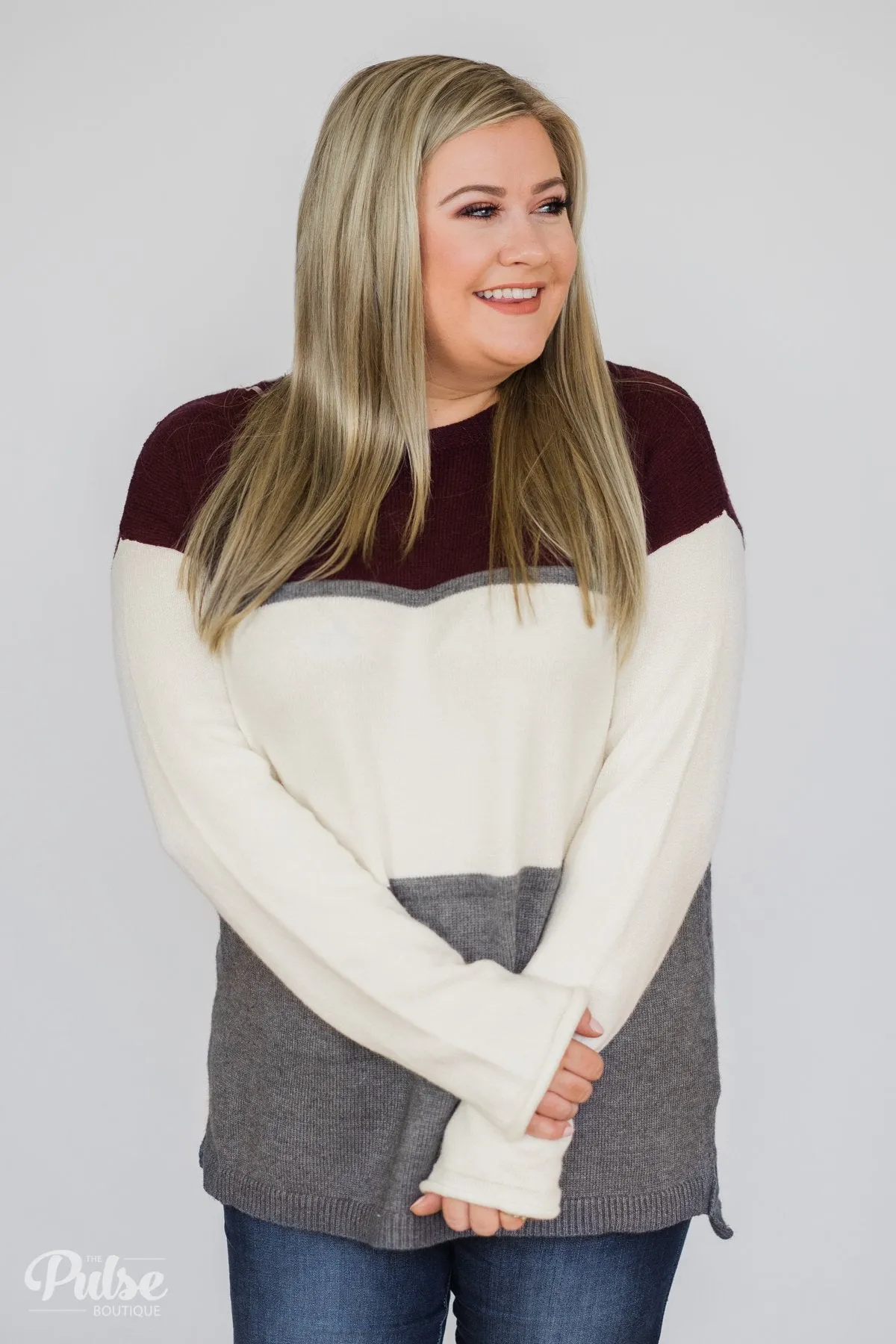 Keeping It Cozy Color Block Sweater- Eggplant, Ivory, Grey