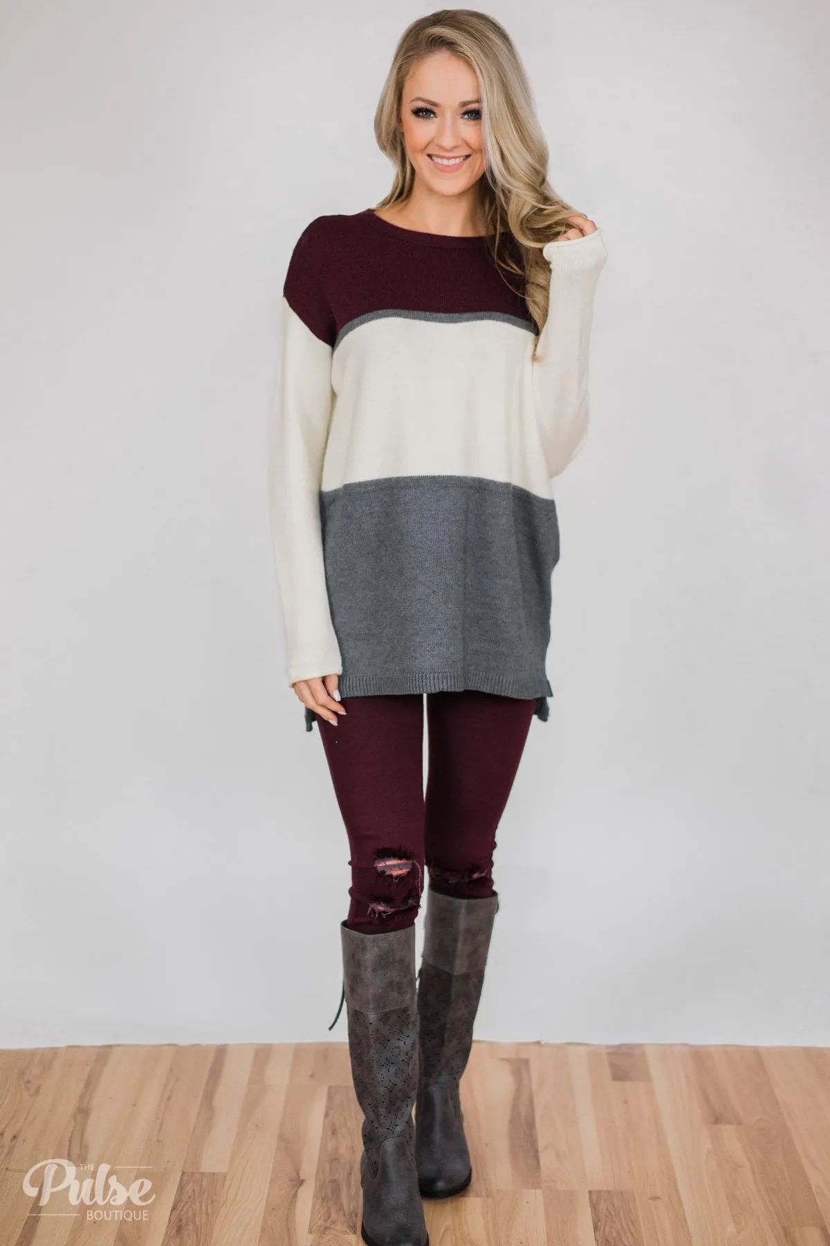 Keeping It Cozy Color Block Sweater- Eggplant, Ivory, Grey