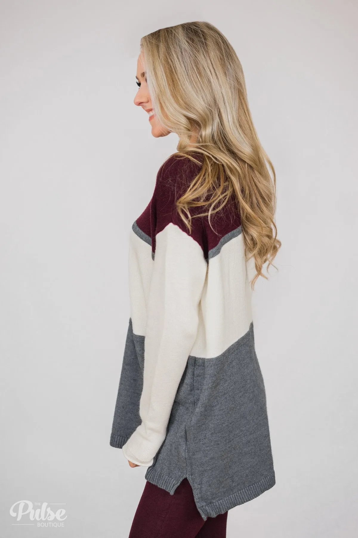 Keeping It Cozy Color Block Sweater- Eggplant, Ivory, Grey