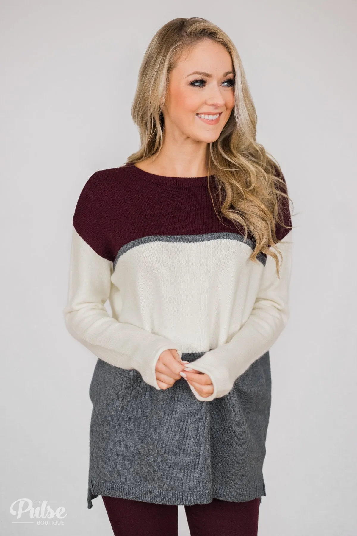 Keeping It Cozy Color Block Sweater- Eggplant, Ivory, Grey