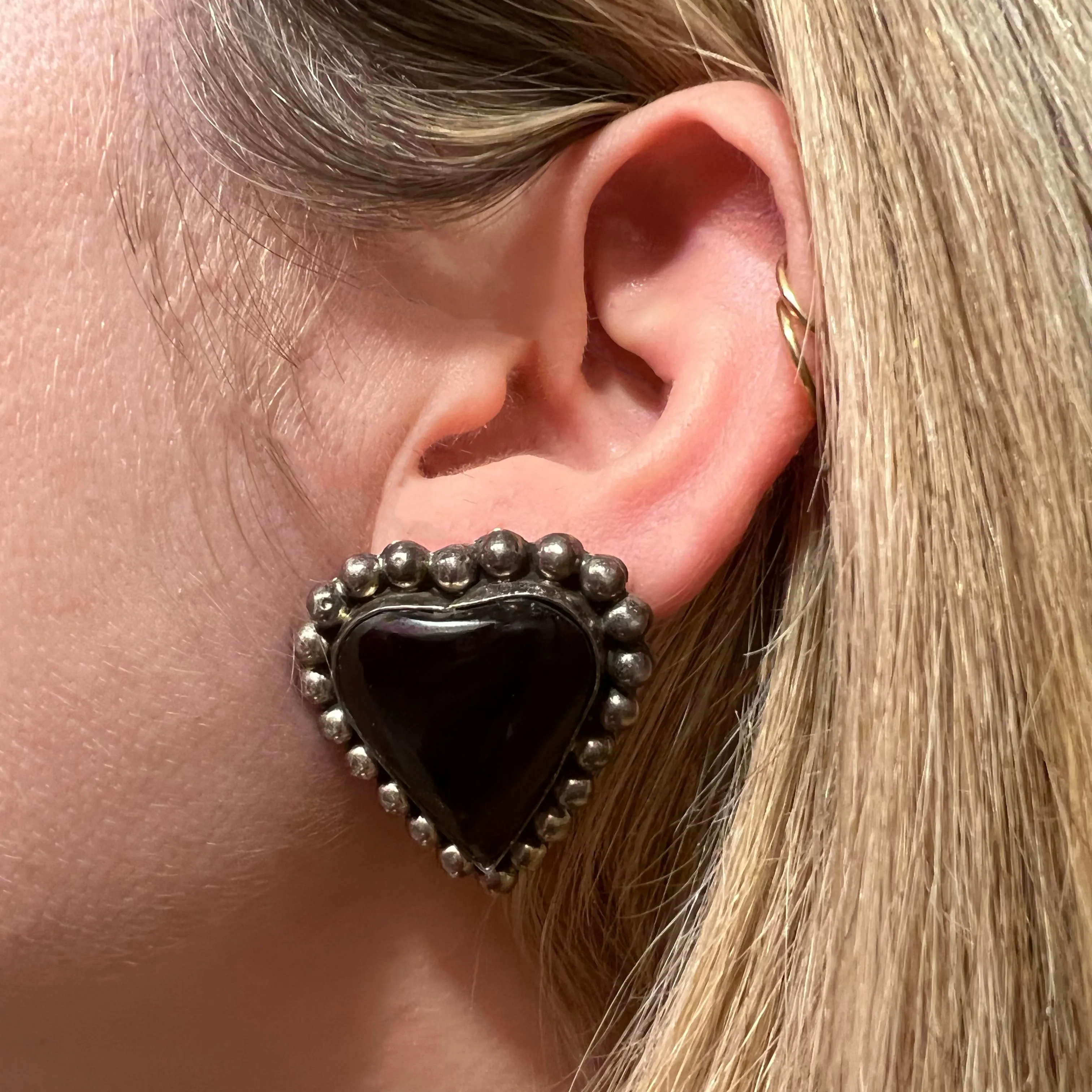 Large Sterling Onyx Heart Earrings