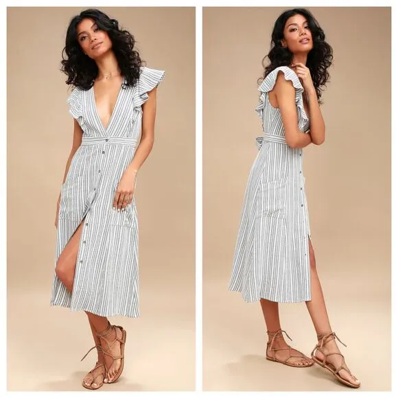 Lost   Wander Kika Striped Button-Up Midi Dress - Grey - XL