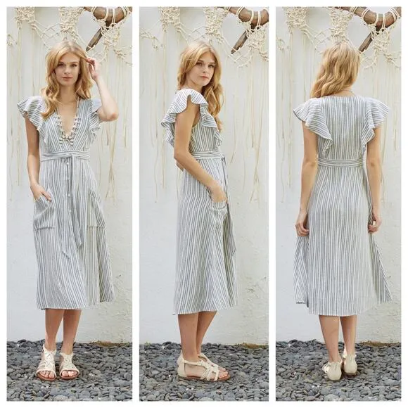 Lost   Wander Kika Striped Button-Up Midi Dress - Grey - XL