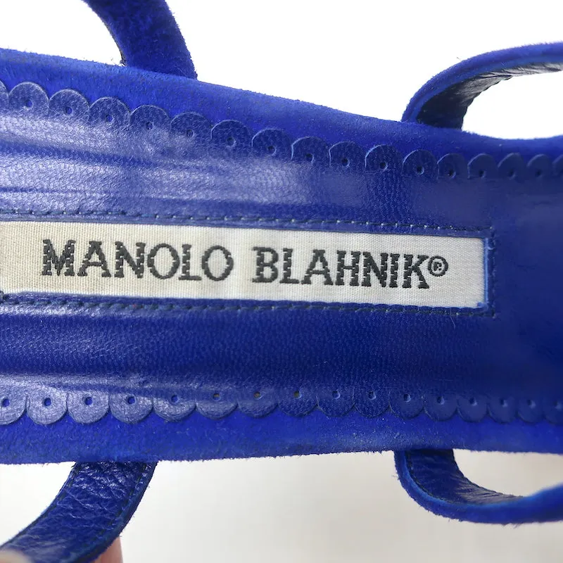 Manolo Blahnik Bayan Strappy Sandals Cobalt Suede Size 37 Slingback Heels