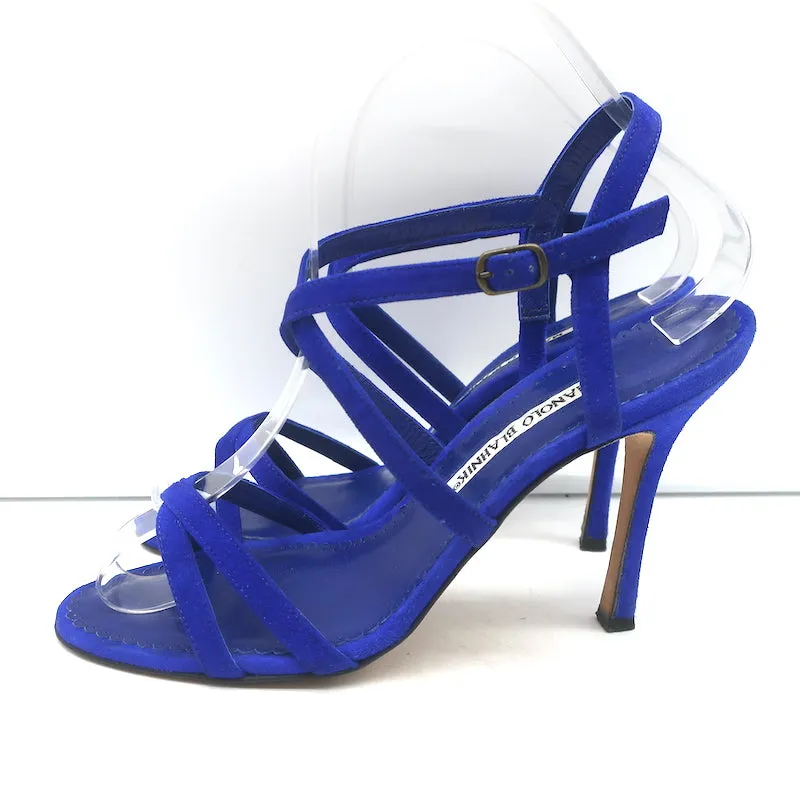 Manolo Blahnik Bayan Strappy Sandals Cobalt Suede Size 37 Slingback Heels
