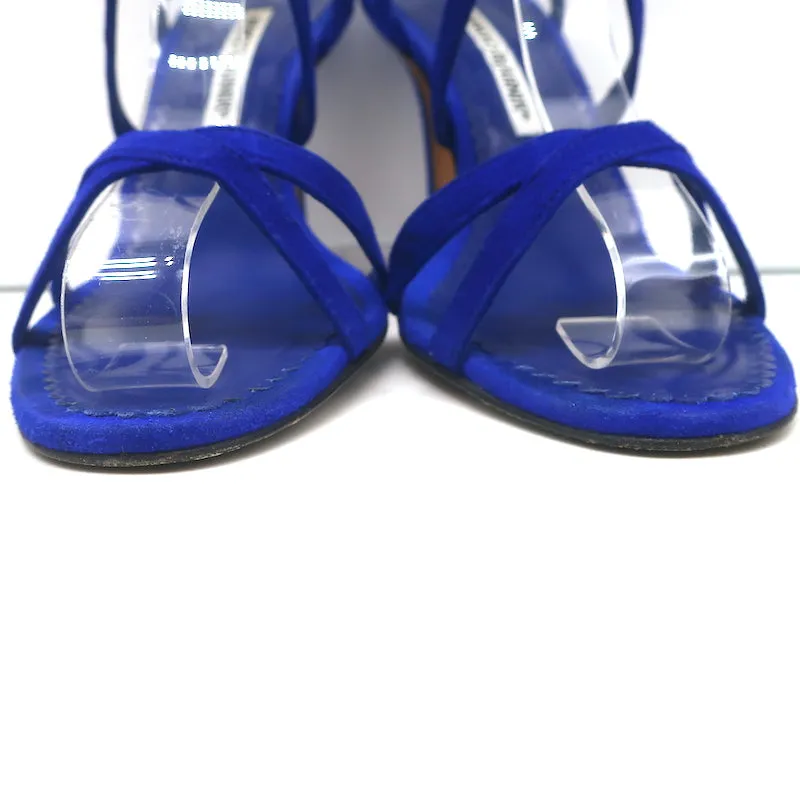 Manolo Blahnik Bayan Strappy Sandals Cobalt Suede Size 37 Slingback Heels