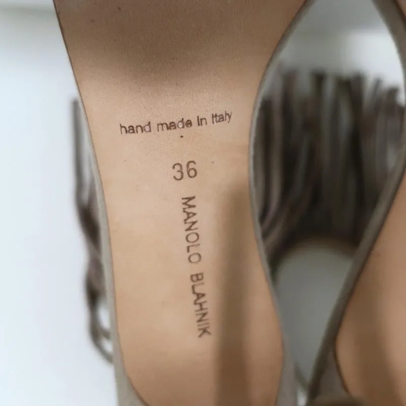 Manolo Blahnik Chaos Fringe Sandals Taupe Suede Size 36 Open Toe Heels
