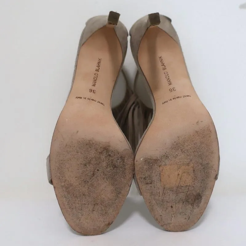 Manolo Blahnik Chaos Fringe Sandals Taupe Suede Size 36 Open Toe Heels
