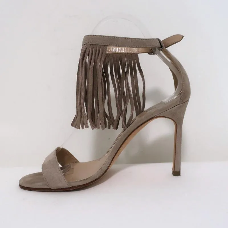 Manolo Blahnik Chaos Fringe Sandals Taupe Suede Size 36 Open Toe Heels