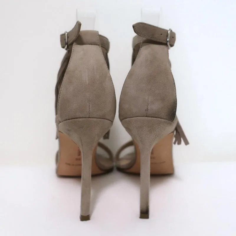 Manolo Blahnik Chaos Fringe Sandals Taupe Suede Size 36 Open Toe Heels