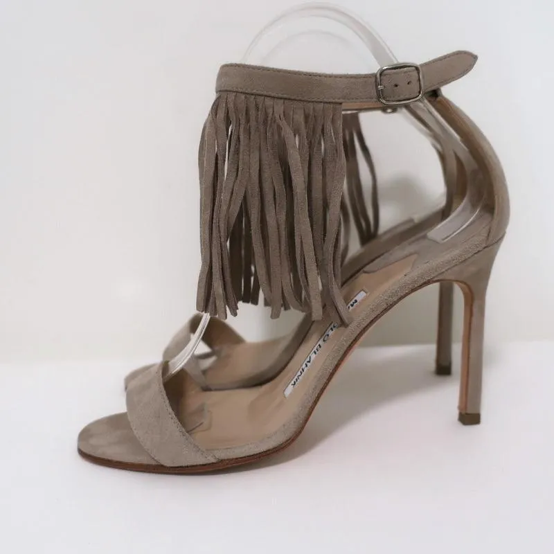 Manolo Blahnik Chaos Fringe Sandals Taupe Suede Size 36 Open Toe Heels