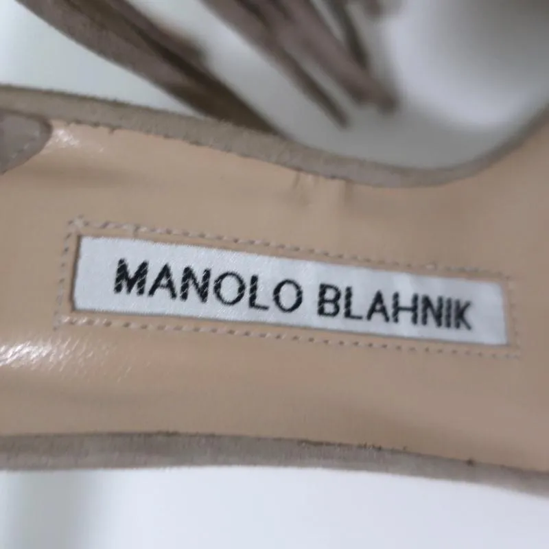 Manolo Blahnik Chaos Fringe Sandals Taupe Suede Size 36 Open Toe Heels