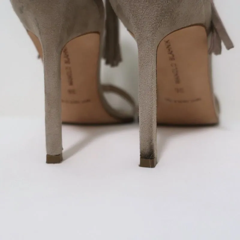 Manolo Blahnik Chaos Fringe Sandals Taupe Suede Size 36 Open Toe Heels