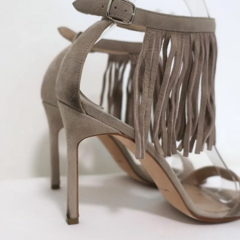 Manolo Blahnik Chaos Fringe Sandals Taupe Suede Size 36 Open Toe Heels
