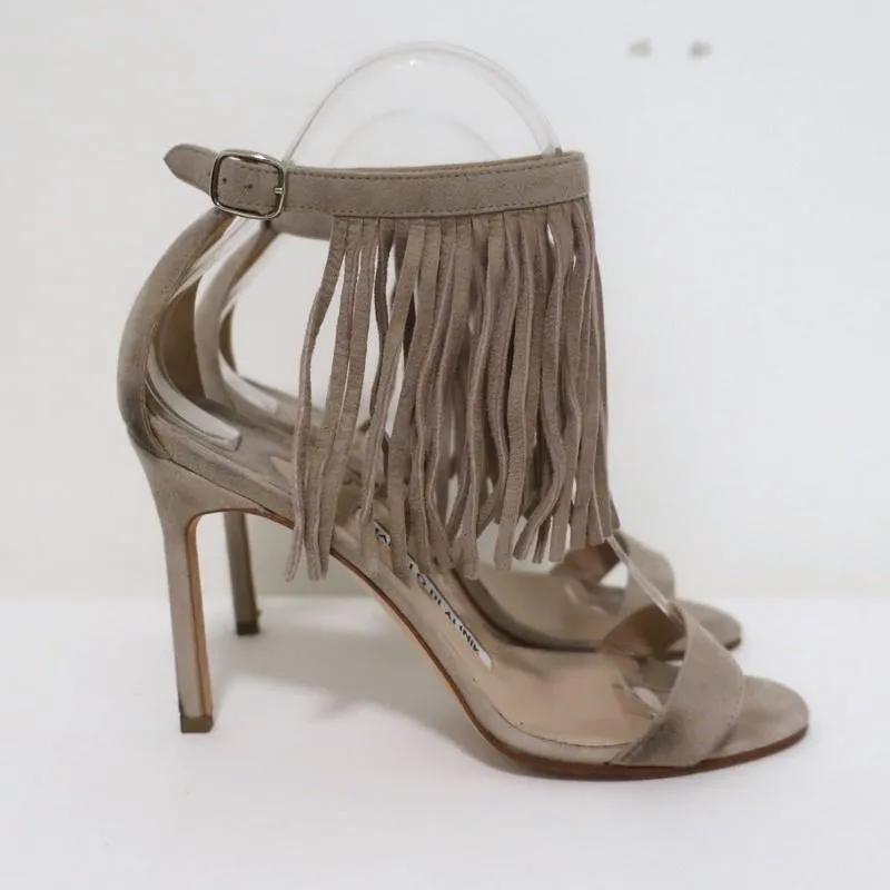 Manolo Blahnik Chaos Fringe Sandals Taupe Suede Size 36 Open Toe Heels