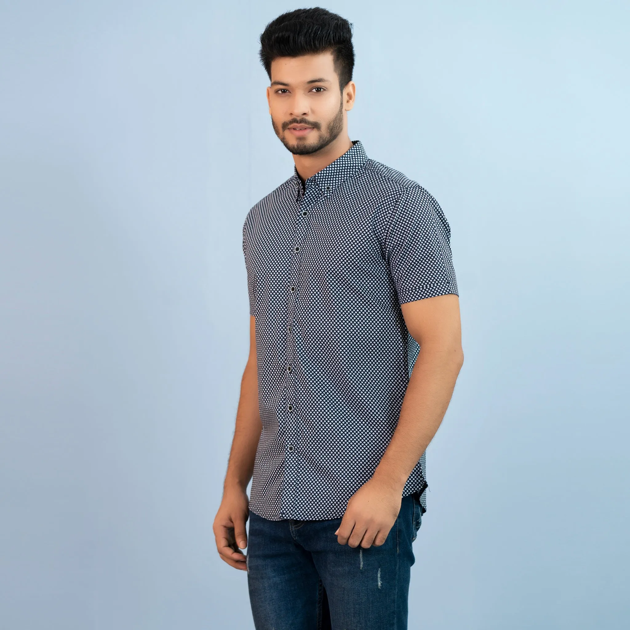 Mens Casual Shirt- Blue White Aop